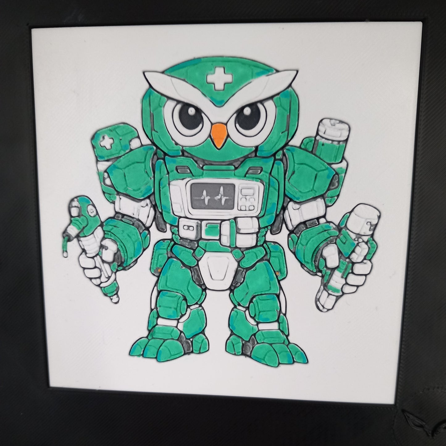AERIN – LUMI Robots Unità E06 MEDIC | Quadro 3D Colorata a Mano con Cornice 150×150 mm
