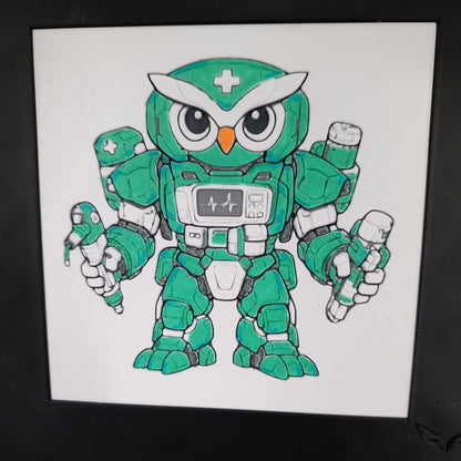 AERIN – LUMI Robots Unità E06 MEDIC | Quadro 3D Colorata a Mano con Cornice 150×150 mm