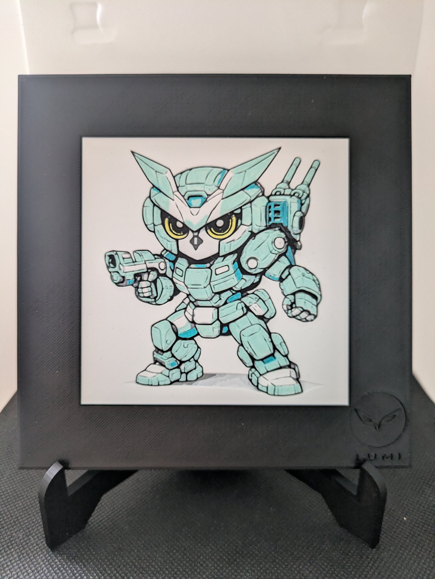 VIXEN – LUMI Robots Unità N21 Scout | Scultura 3D Colorata a Mano con Cornice 150×150 mm