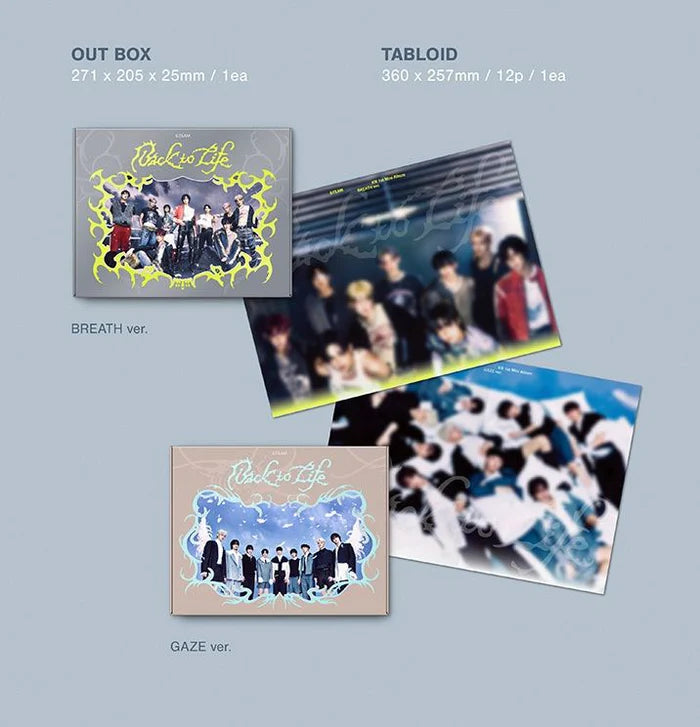 Outbox e Tabloid dell'album BACK TO LIFE degli &TEAM nelle versioni disponibili