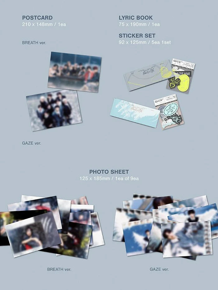 Postcard, Lyric Book, Sticker Set e Photo Sheet dell'album BACK TO LIFE degli &TEAM nelle versioni disponibili