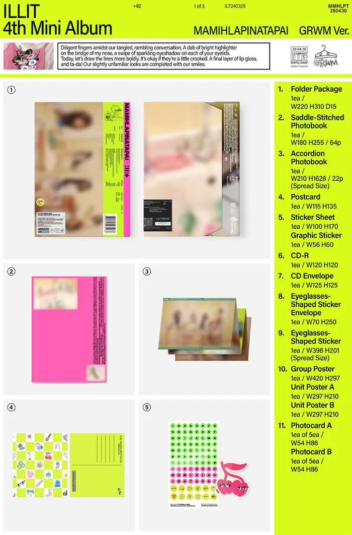 Folded Package, Saddle-Stitched Photobook, Accordion Photobook, Postcard, Sticker Sheet dell'album MAMIHLAPINATAPAI delle ILLIT nella versione GRWM