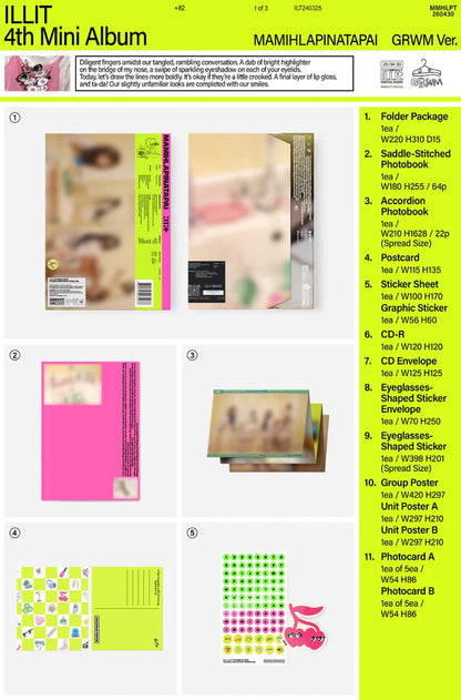 Folded Package, Saddle-Stitched Photobook, Accordion Photobook, Postcard, Sticker Sheet dell'album MAMIHLAPINATAPAI delle ILLIT nella versione GRWM
