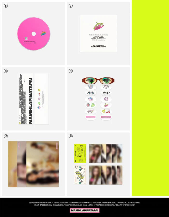 CD, CD & Envelope, Eyeglasses-Shaped Sticker, Group Poster con Unit Poster A e Unit Poster B, PHotocard A e Photocard B dell'album MAMIHLAPINATAPAI delle ILLIT nella versione GRWM