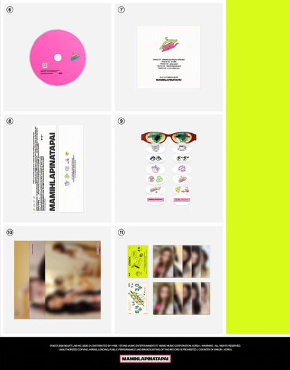 CD, CD & Envelope, Eyeglasses-Shaped Sticker, Group Poster con Unit Poster A e Unit Poster B, PHotocard A e Photocard B dell'album MAMIHLAPINATAPAI delle ILLIT nella versione GRWM