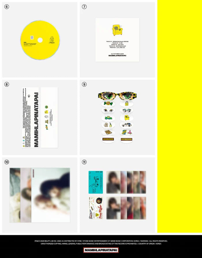 CD, CD & Envelope, Eyeglasses-Shaped Sticker, Group Poster con Unit Poster A e Unit Poster B, PHotocard A e Photocard B dell'album MAMIHLAPINATAPAI delle ILLIT nella versione FREE RIDER
