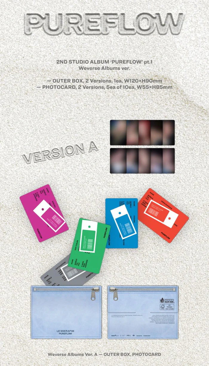 Outer Box e Photocard dell'album PUREFLOW PT.1 delle LE SSERAFIM nella versione A