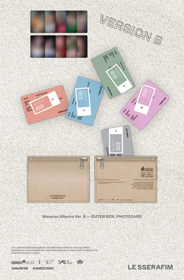 Outer Box e Photocard dell'album PUREFLOW PT.1 delle LE SSERAFIM nella versione B